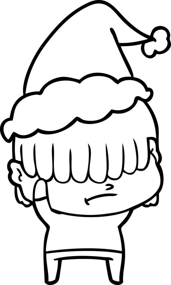 line drawing of a boy with untidy hair wearing santa hat vector