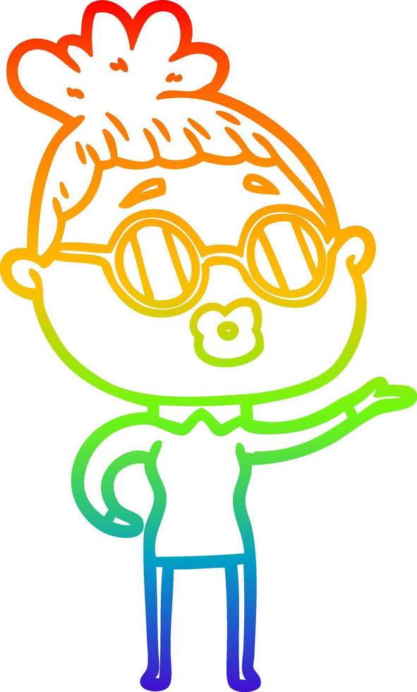rainbow gradient line drawing cartoon woman wearing sunglasses vector