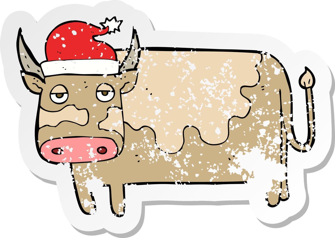 pegatina retro angustiada de una vaca de dibujos animados con gorro de navidad vector