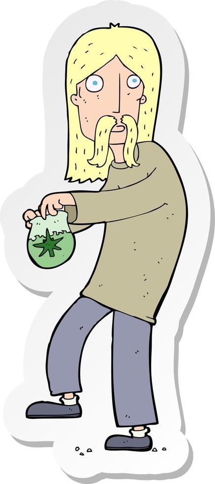 sticker of a cartoon hippie man with bag of weed vector