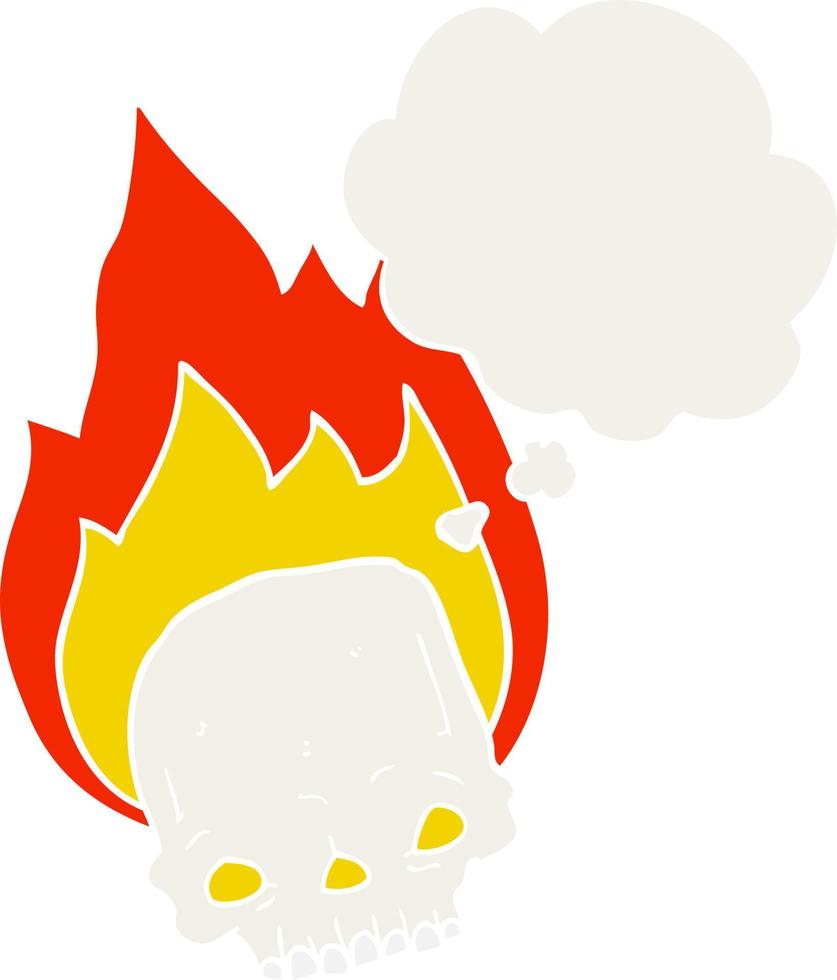 spooky cartoon flaming skull and thought bubble in retro style vector