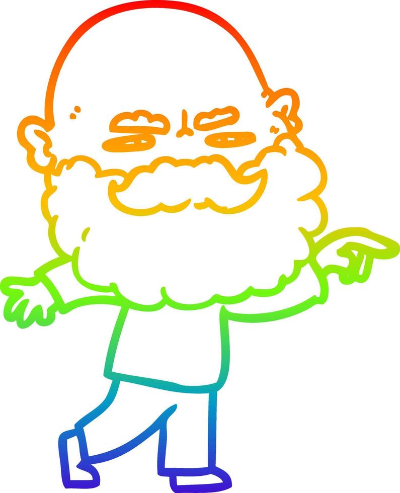 rainbow gradient line drawing cartoon man with beard frowning and pointing vector