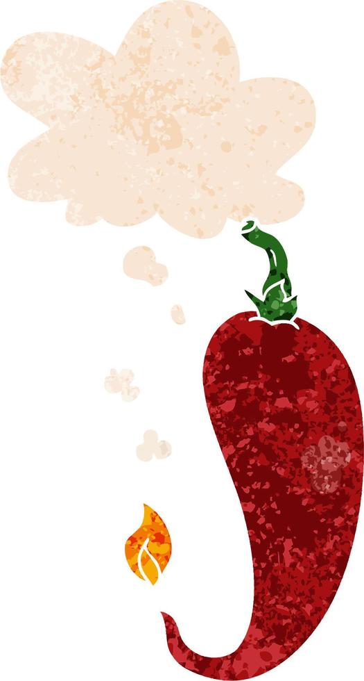 Pimienta de chile de dibujos animados y burbuja de pensamiento en estilo retro texturizado vector