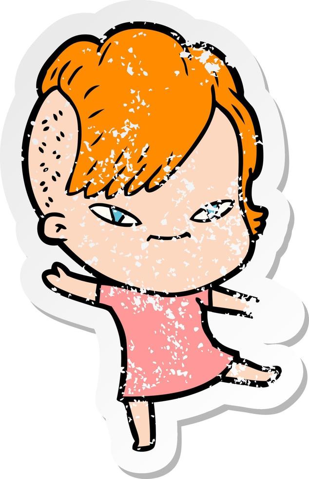 distressed sticker of a cute cartoon girl with hipster haircut vector