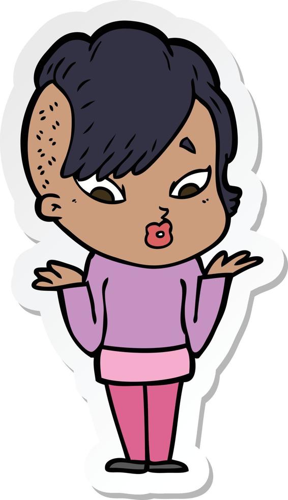 sticker of a cartoon surprised girl shrugging vector