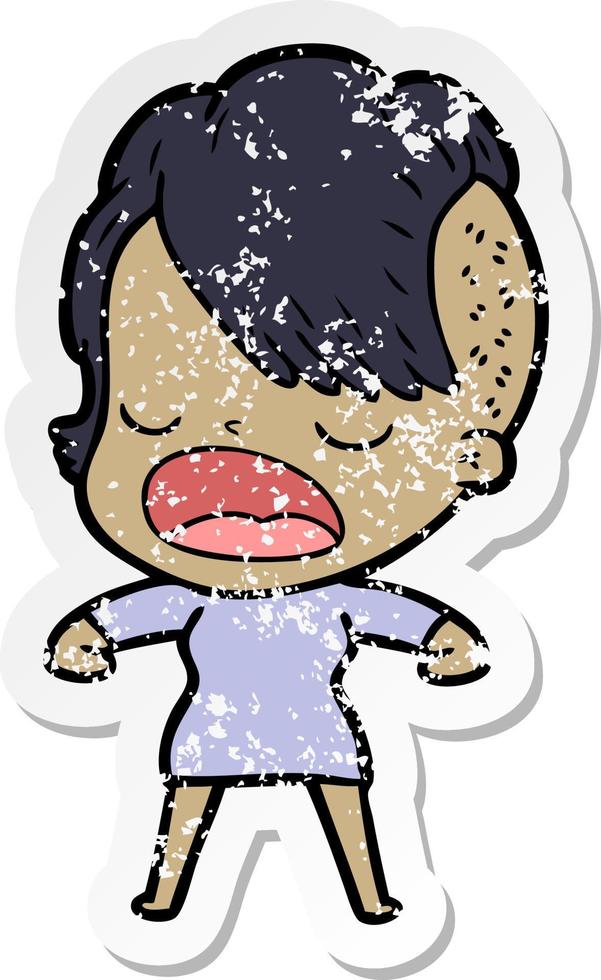 distressed sticker of a cartoon cool hipster girl talking vector