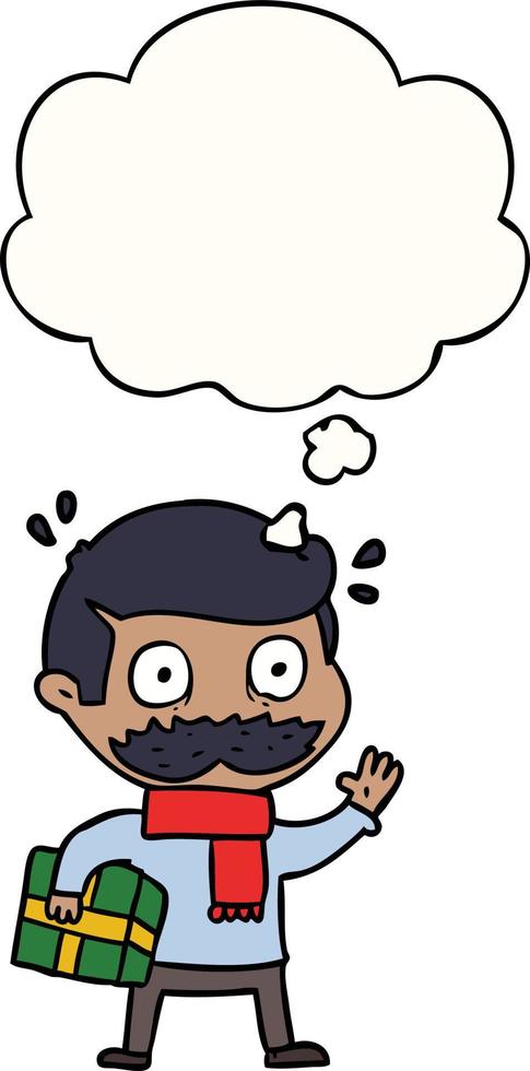 cartoon man with mustache and christmas present and thought bubble vector