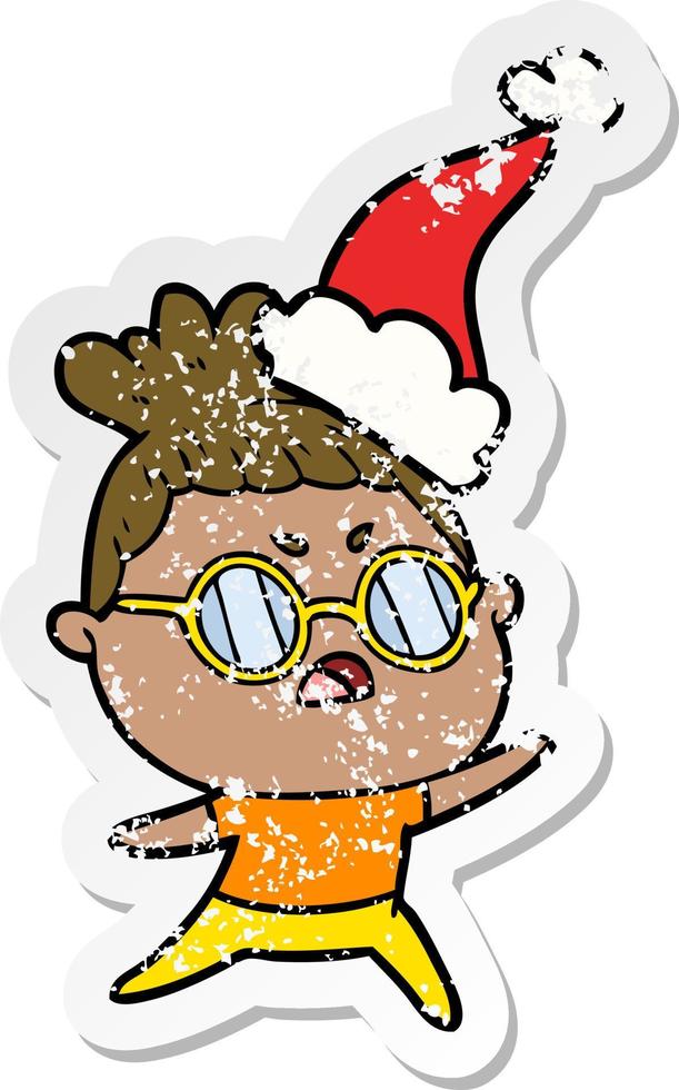 distressed sticker cartoon of a annoyed woman wearing santa hat vector