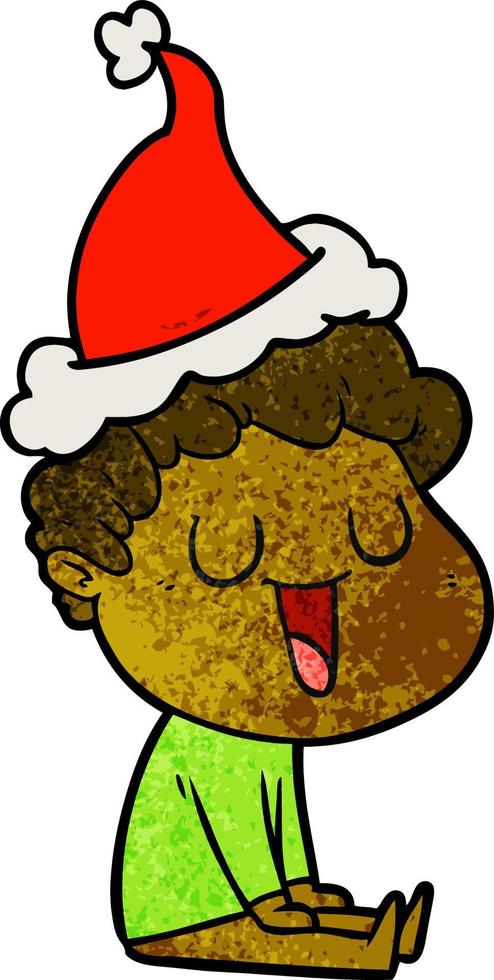 laughing textured cartoon of a man wearing santa hat vector