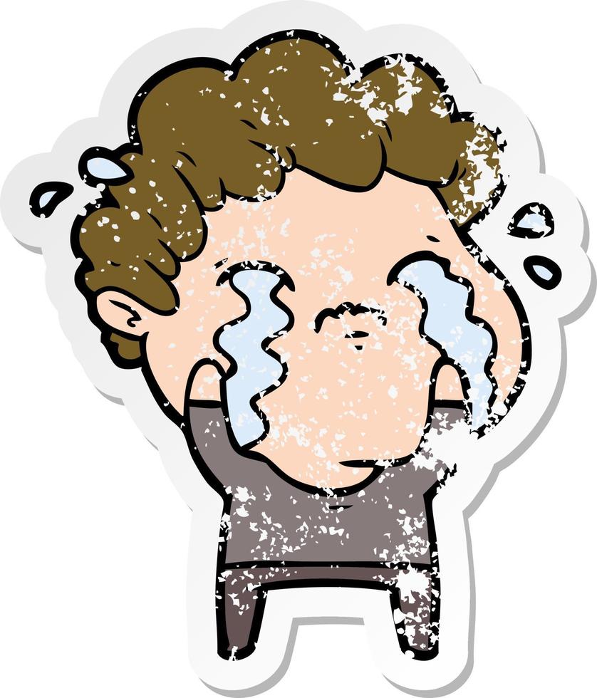 distressed sticker of a cartoon man crying vector