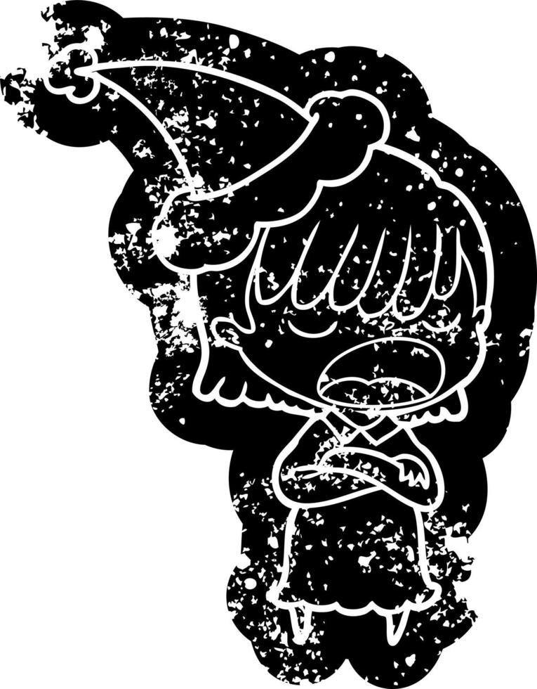 cartoon distressed icon of a woman talking loudly wearing santa hat vector