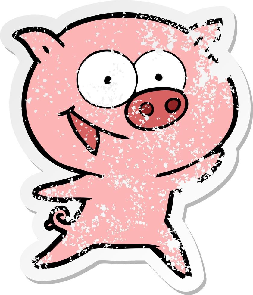 distressed sticker of a cheerful pig cartoon vector