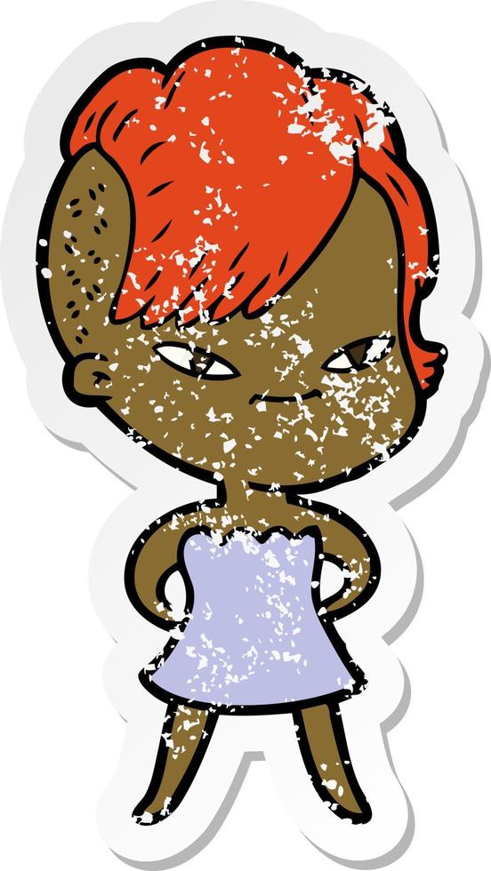 distressed sticker of a cute cartoon girl with hipster haircut vector