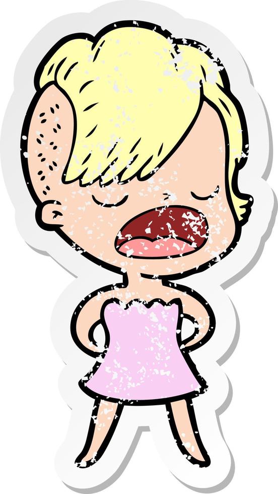 distressed sticker of a cartoon cool hipster girl talking vector