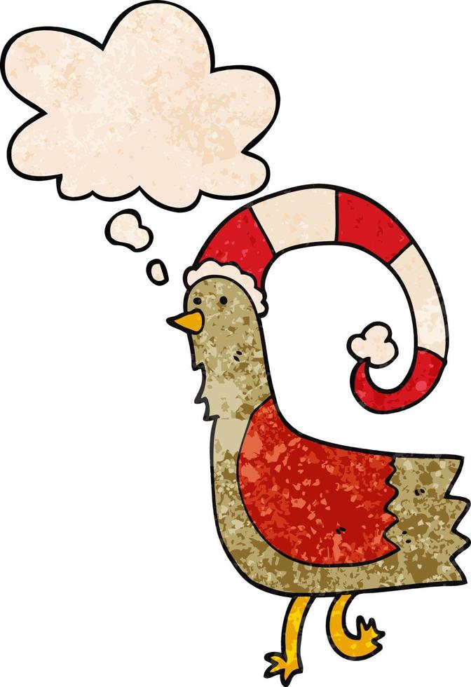 cartoon chicken in funny christmas hat and thought bubble in grunge texture pattern style vector