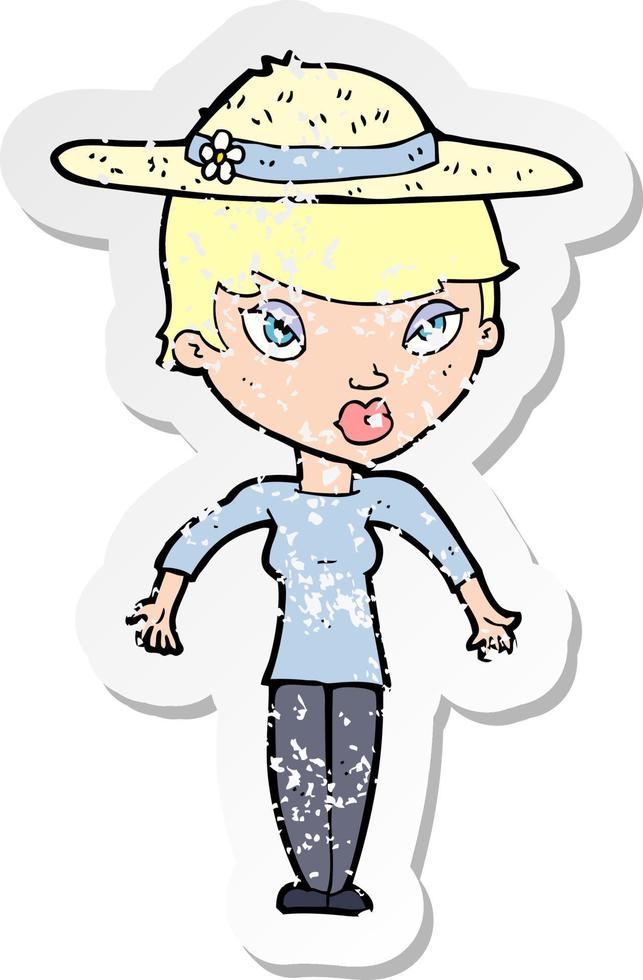 retro distressed sticker of a cartoon woman in summer hat vector