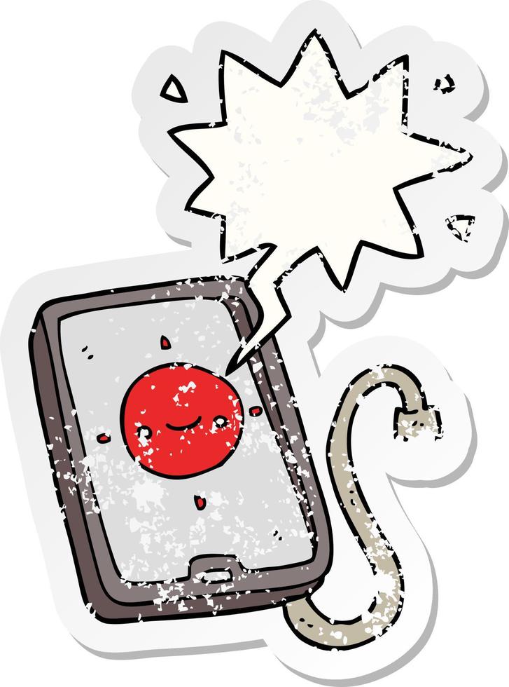 cartoon mobile phone device and speech bubble distressed sticker vector