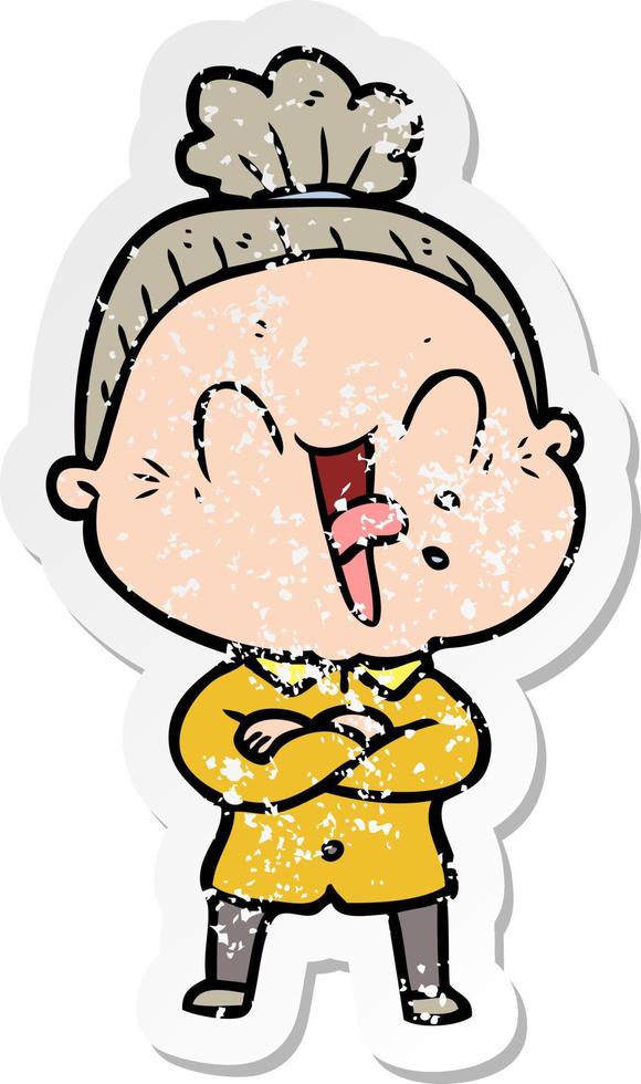 distressed sticker of a cartoon happy old woman vector