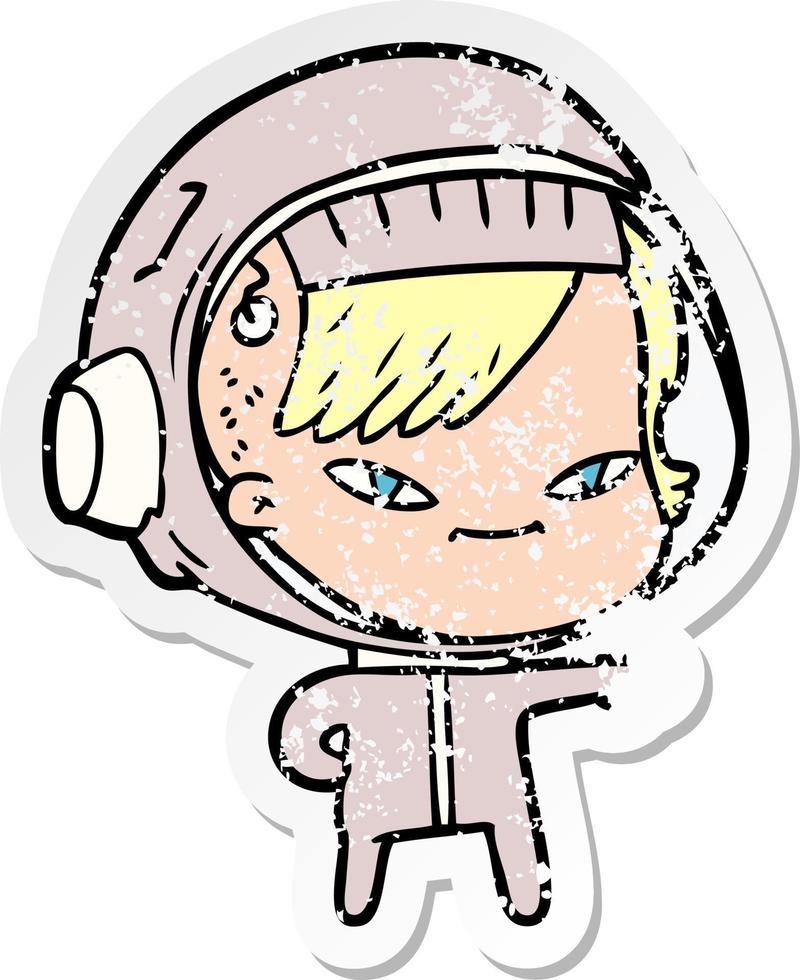 distressed sticker of a cartoon astronaut woman vector