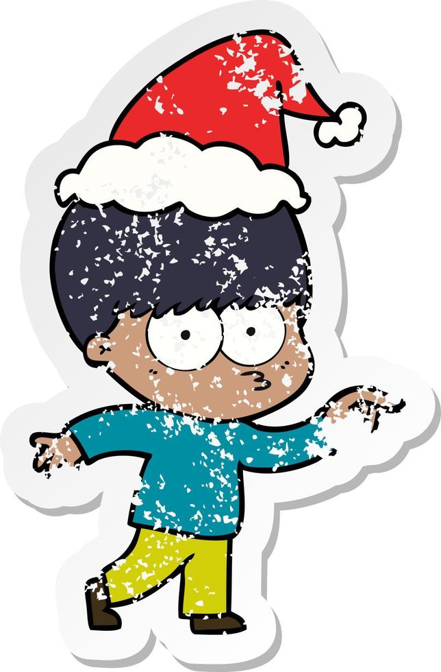 nervous distressed sticker cartoon of a boy wearing santa hat vector