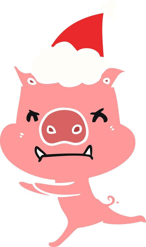 enojado, plano, color, ilustración, de, un, cerdo, llevando, santa sombrero vector