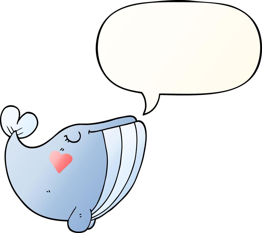 cartoon whale and love heart and speech bubble in smooth gradient style vector