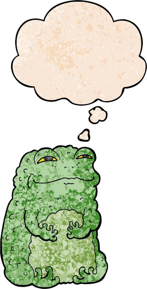cartoon smug toad and thought bubble in grunge texture pattern style vector