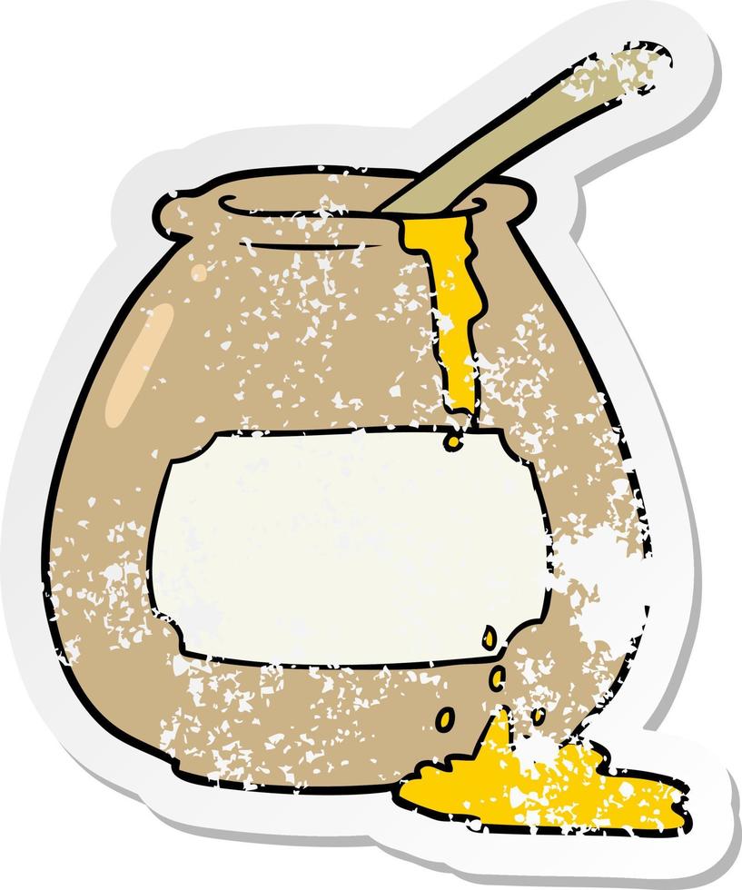 distressed sticker of a cartoon honey pot vector