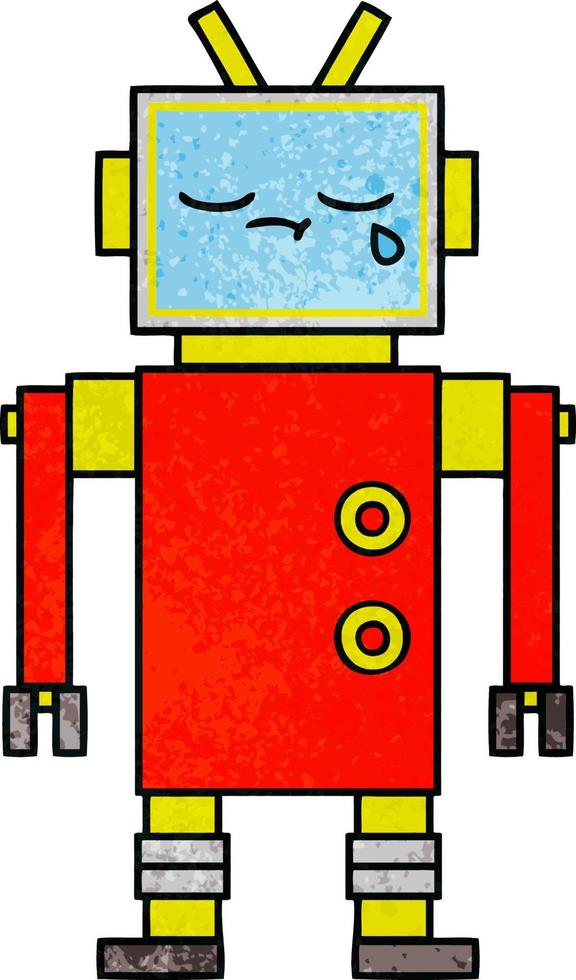 retro grunge texture cartoon crying robot vector