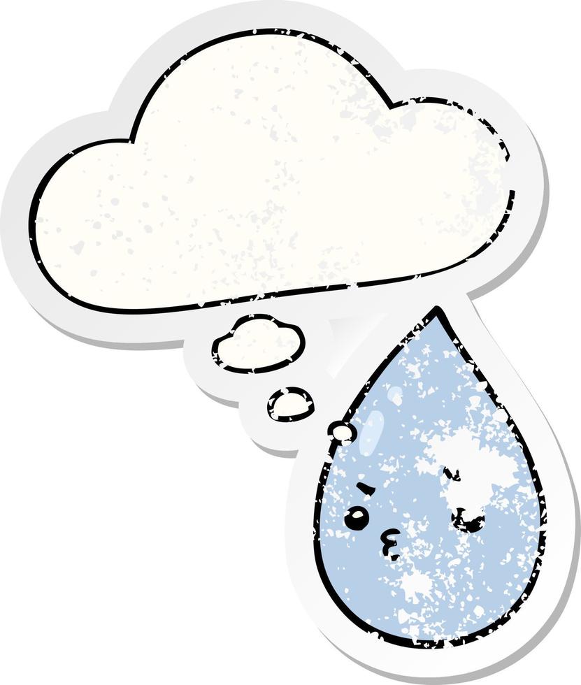 cartoon cute raindrop and thought bubble as a distressed worn sticker vector