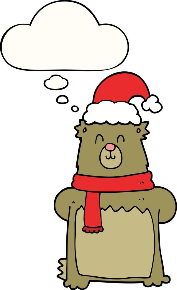 cartoon bear wearing christmas hat and thought bubble vector