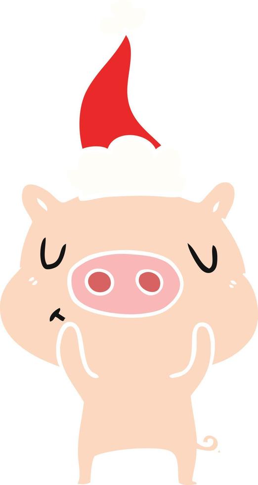 flat color illustration of a content pig wearing santa hat vector