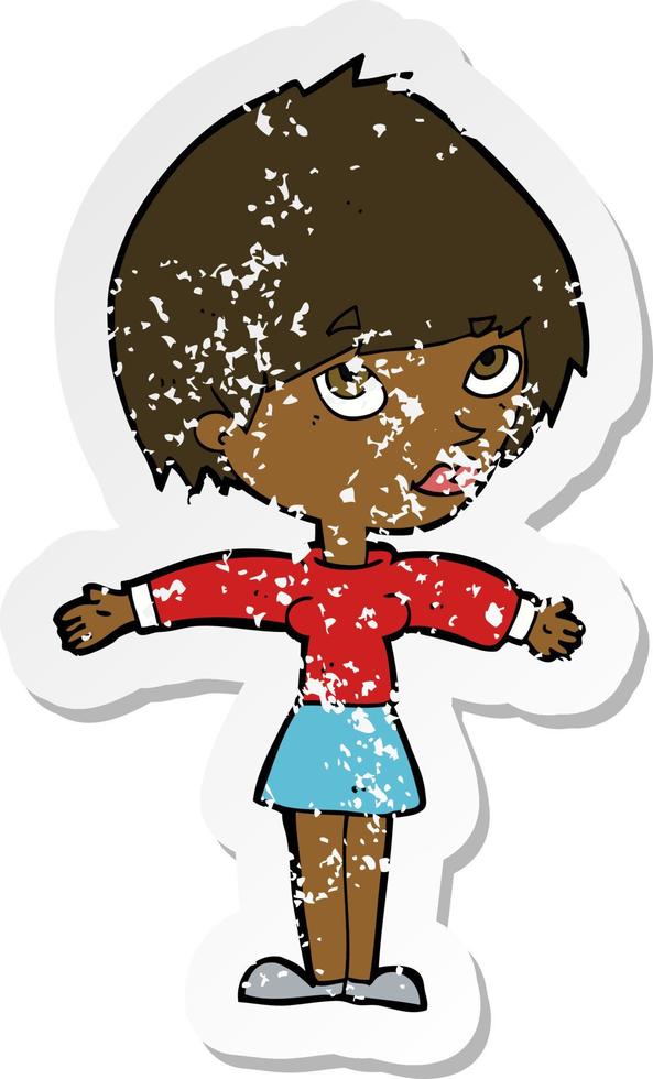 retro distressed sticker of a cartoon woman with open arms vector