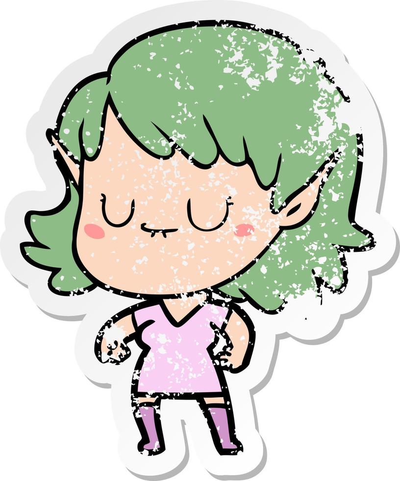 distressed sticker of a happy cartoon elf girl vector
