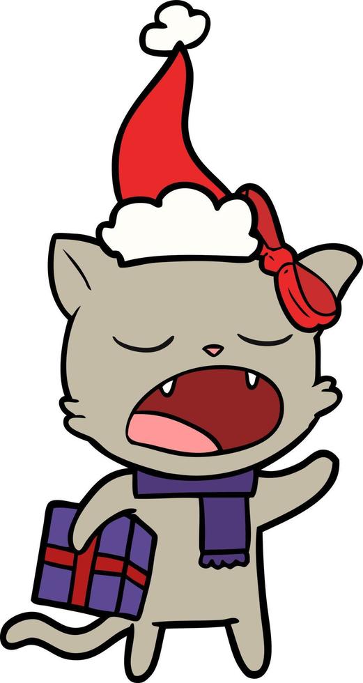 dibujo lineal de un gato con regalo de navidad con sombrero de santa vector