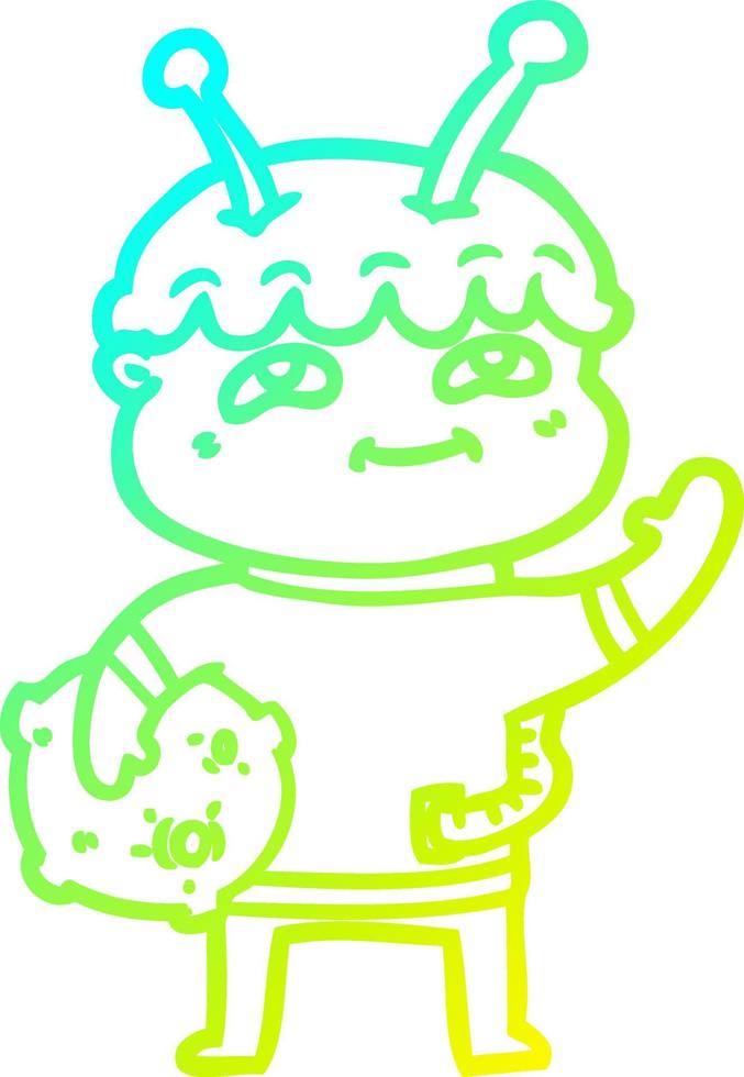 cold gradient line drawing friendly cartoon spaceman waving vector