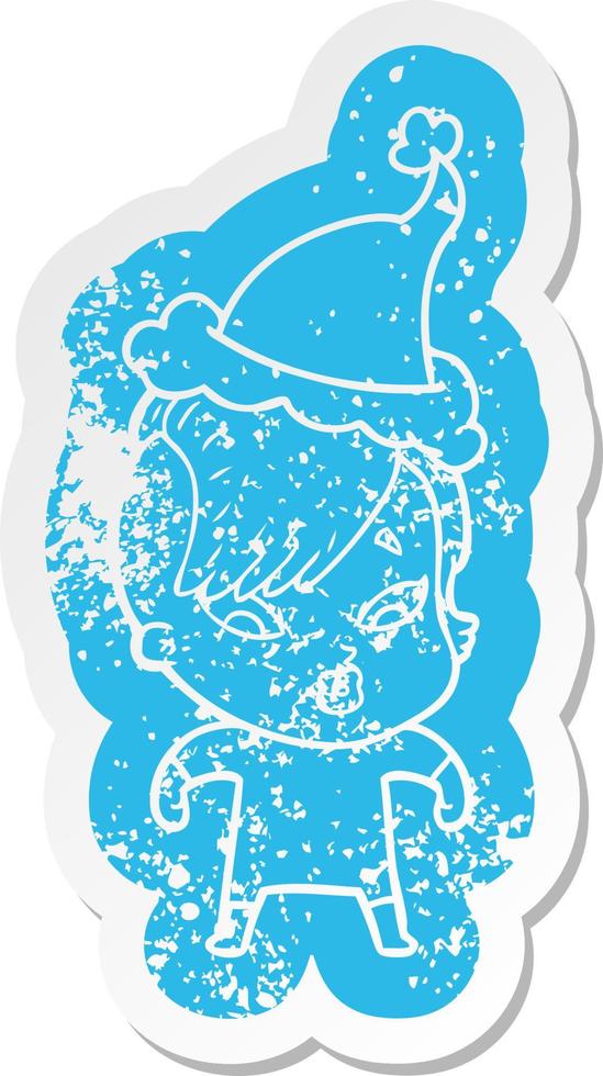 cartoon distressed sticker of a surprised girl wearing santa hat vector