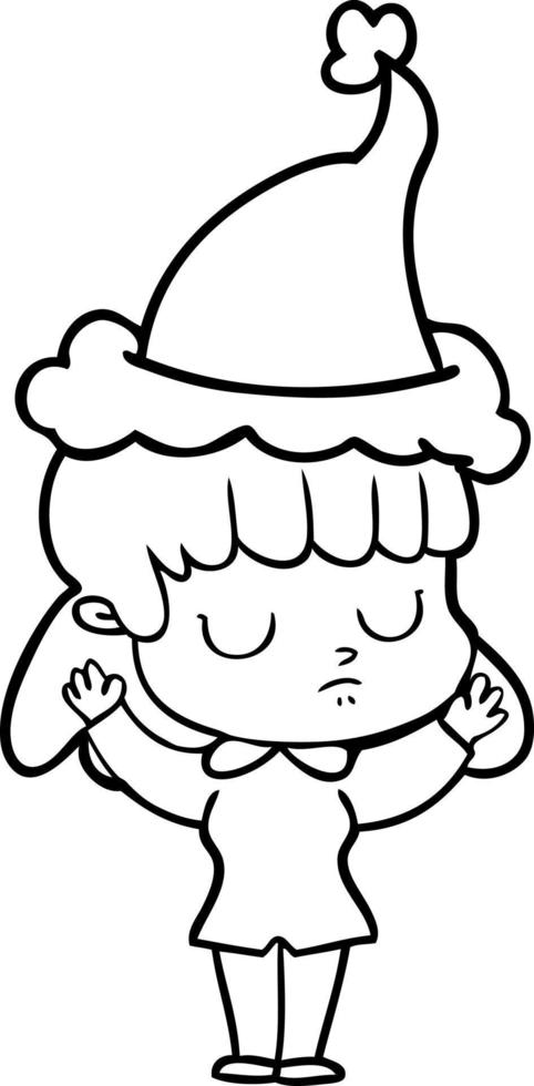 line drawing of a indifferent woman wearing santa hat vector