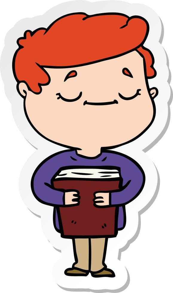 sticker of a cartoon peaceful man carrying book vector