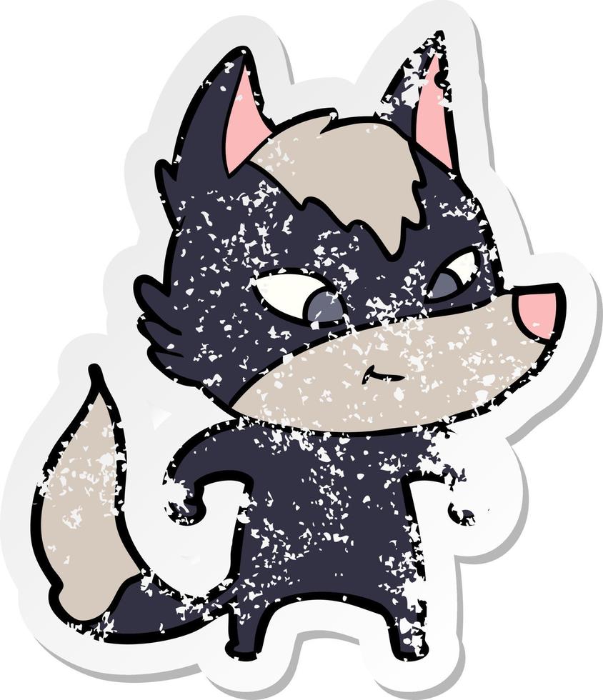 distressed sticker of a friendly cartoon wolf vector