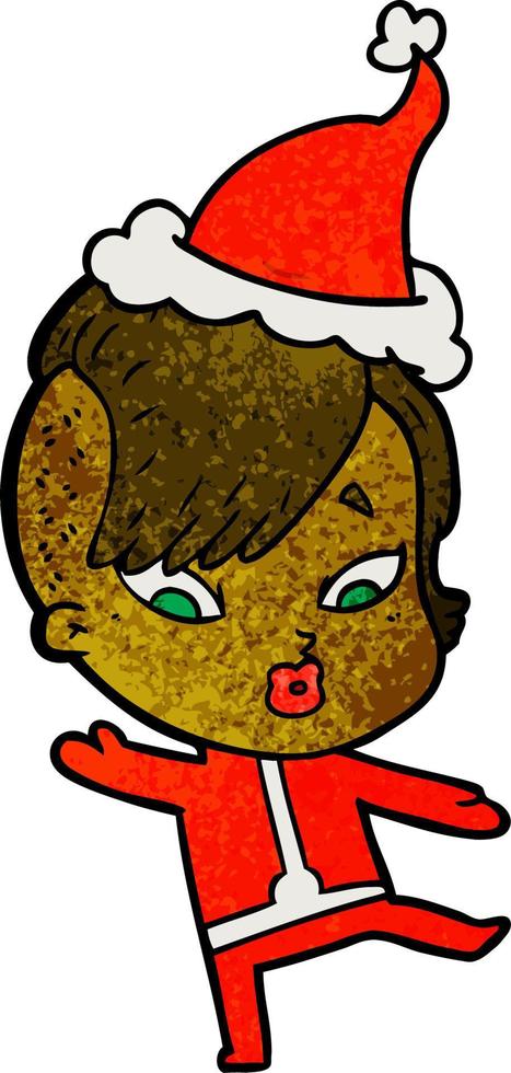 textured cartoon of a surprised girl in science fiction clothes wearing santa hat vector