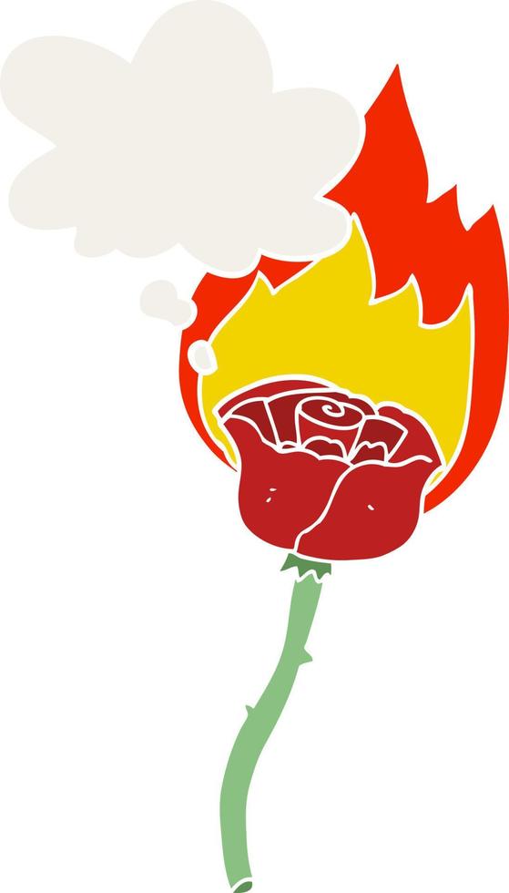 cartoon flaming rose and thought bubble in retro style vector