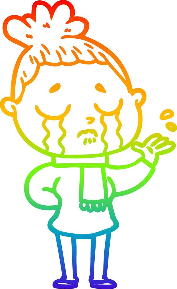 rainbow gradient line drawing cartoon crying woman vector