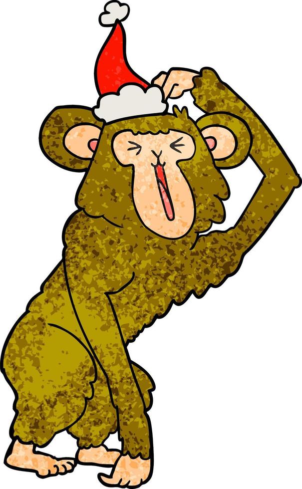 textured cartoon of a chimp scratching head wearing santa hat vector