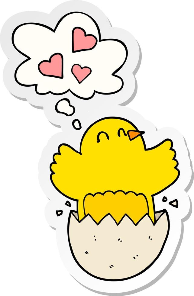 cute hatching chick cartoon and thought bubble as a printed sticker vector