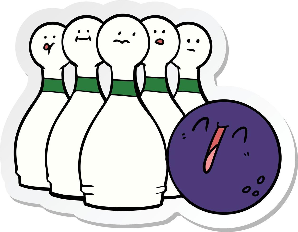 sticker of a cartoon laughing bowling ball and pins vector