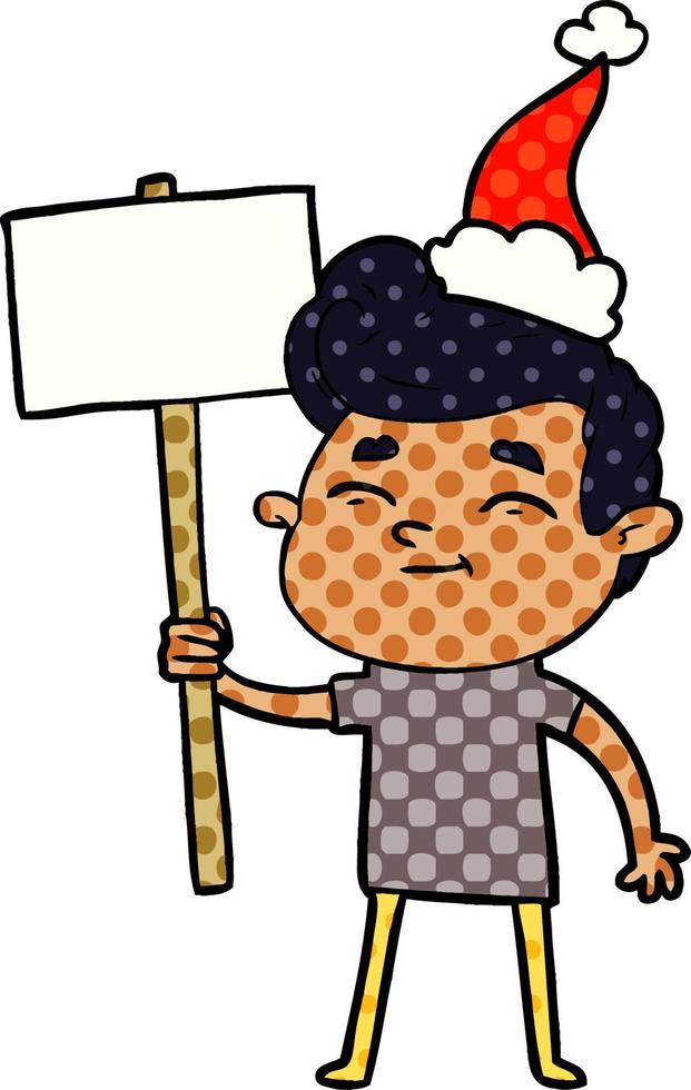 happy comic book style illustration of a man with sign wearing santa hat vector