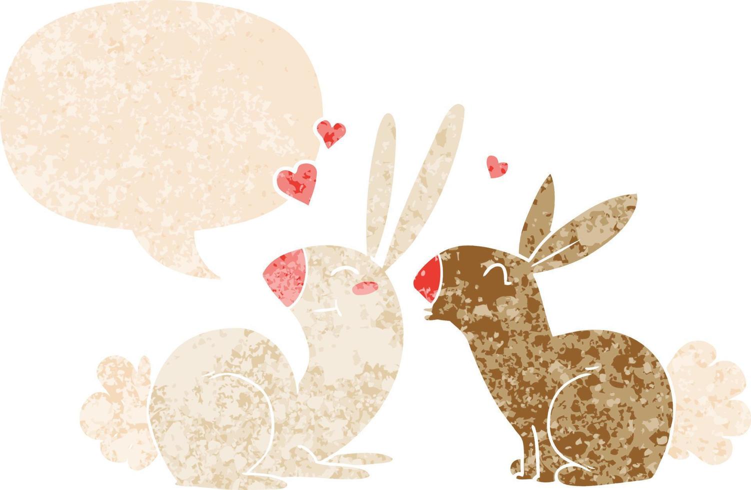 cartoon rabbits in love and speech bubble in retro textured style vector