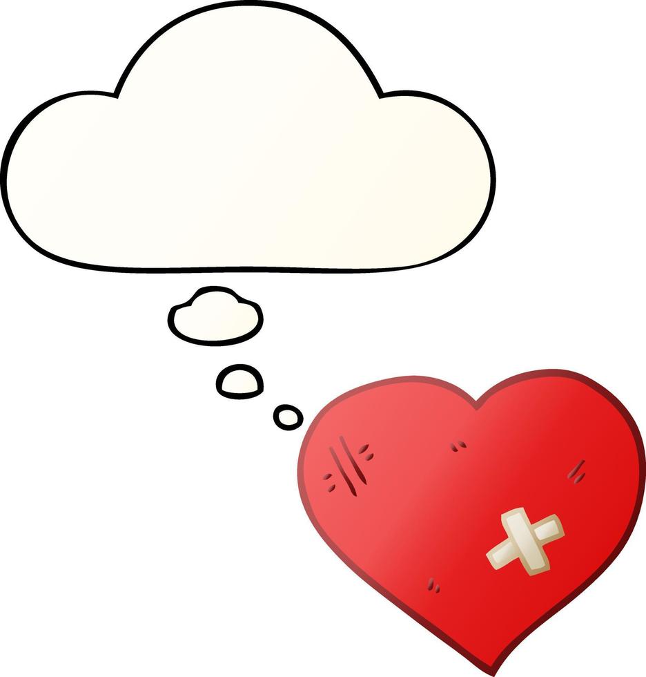 cartoon love heart with sticking plaster and thought bubble in smooth gradient style vector