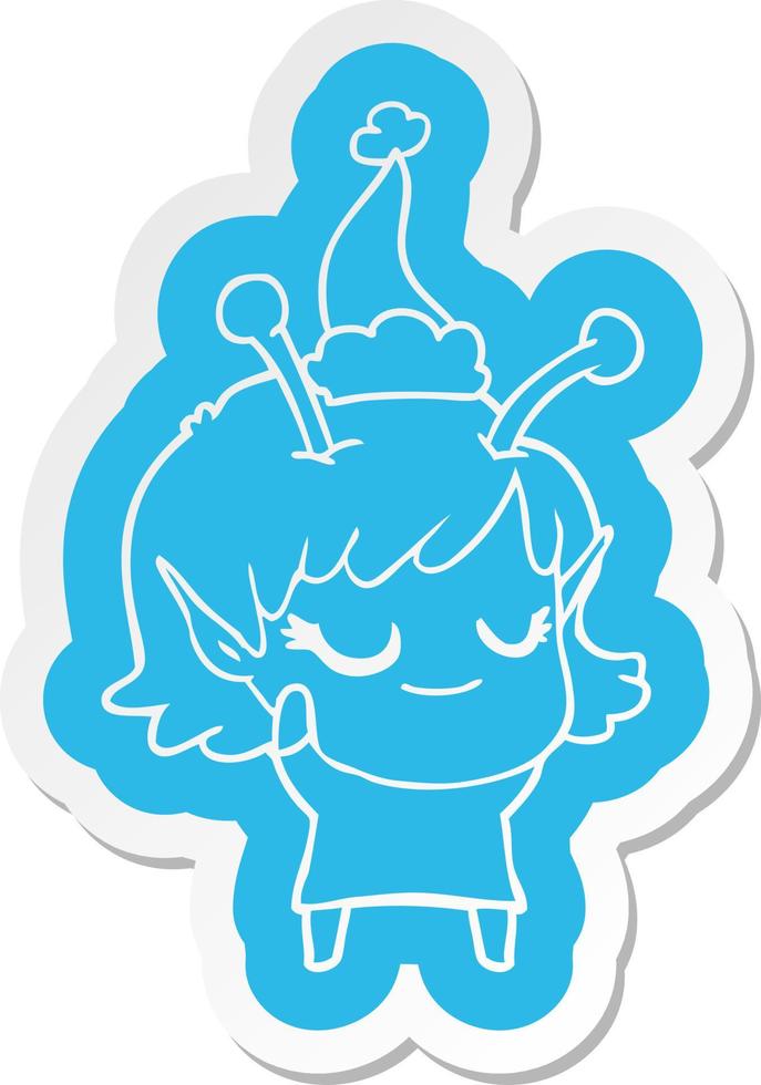 smiling alien girl cartoon  sticker of a wearing santa hat vector